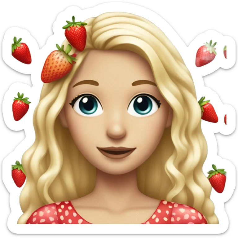 a beautiful girl, long blonde hair with strawberry in her hair, white skin, strawberry dress sticker