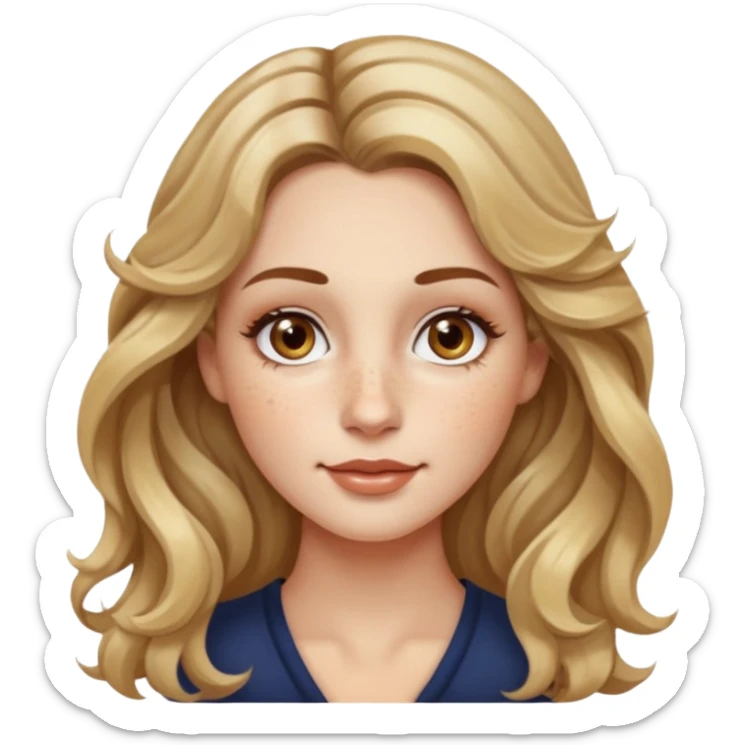 creative women with long dark Blond with highlights wavy hair white women, oval shape face hazel eyes long lashes freckles on the nose high cheek bones sticker