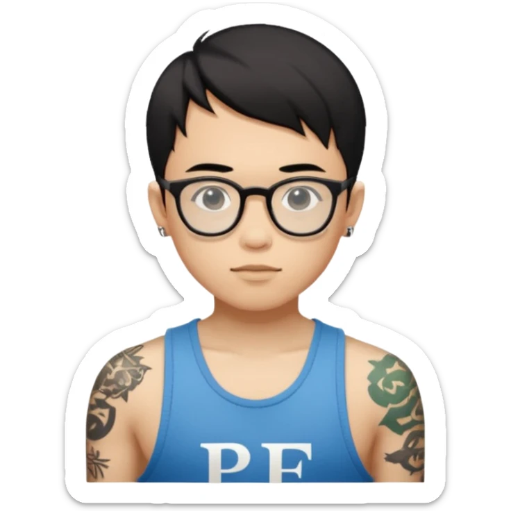 A young boy with A macbook laptop, black straight short hair, wearing glasses, wearing a tanktop, has tattoos, he is asian

Add the letters "P I F" floating around sticker