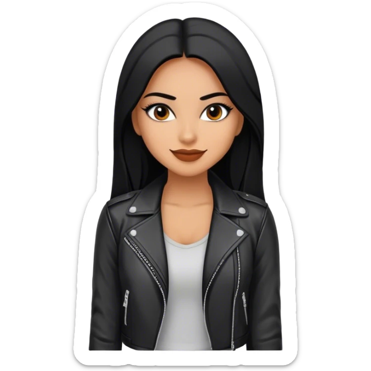 beautiful fit woman, with long straight black hair, with make up, black eye liner, smile mooth close, mexican, brown skin, wearing casual outfit and leather black jacket, flirting sticker