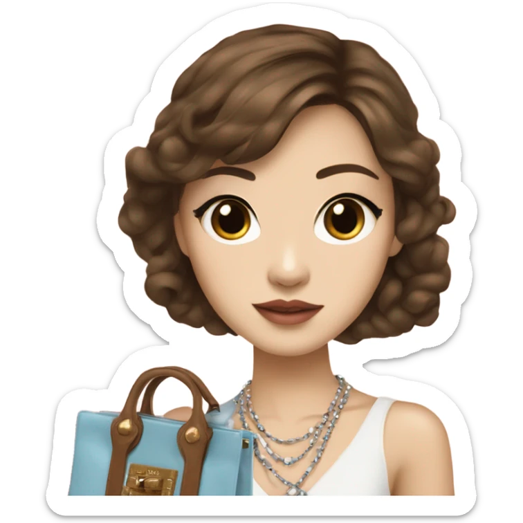 Realistic brown hair blue eyes Chanel Asian Girl with Birkin bag and Chanel necklace sticker