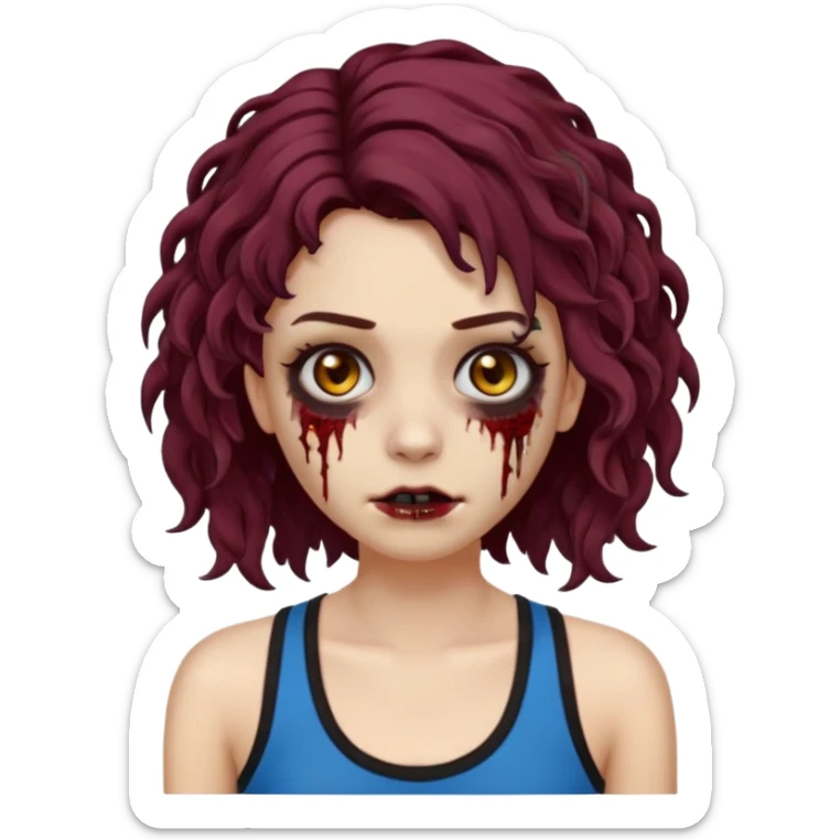 Crie um emoji de uma garota zumbi, como esta: "🧟‍♀️'. Porém invés da camiseta, uma regata fina e de cor preta, os cabelos loiros escuros na altura do ombro e picotado, liso na raiz e cacheado nas pontas, com mechas azuis na frente e a parte de trás pintada de vermelho vinho sticker