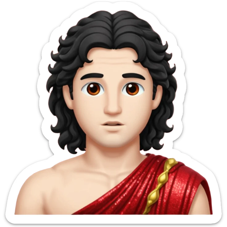 Adonis, God of Beauty from Roman Deities with long black wavy hair, red sequin toga sticker
