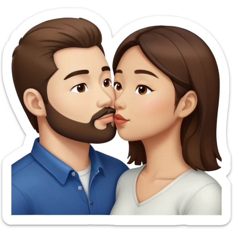 Asian American woman without glasses kissing a white guy with brown hair and only the white guy has beard stubble and white guy has glasses and Asian American woman does not have glasses sticker
