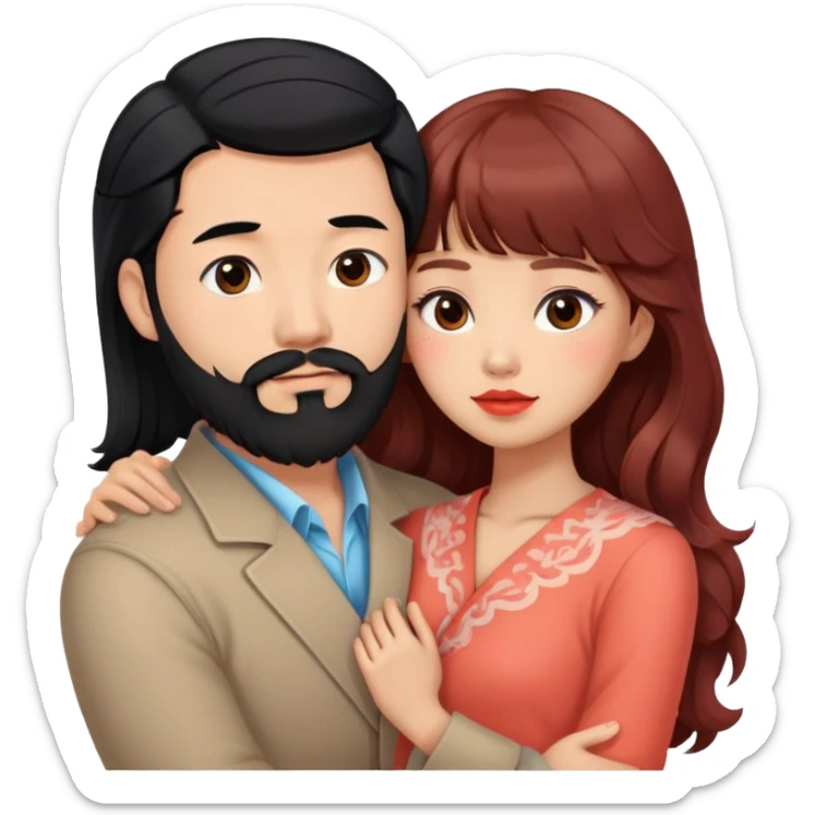 handsome serious asian man with black hair and beard, hugging cute tan skin woman with long wavy reddish brown hair with bangs and coral lipstick sticker