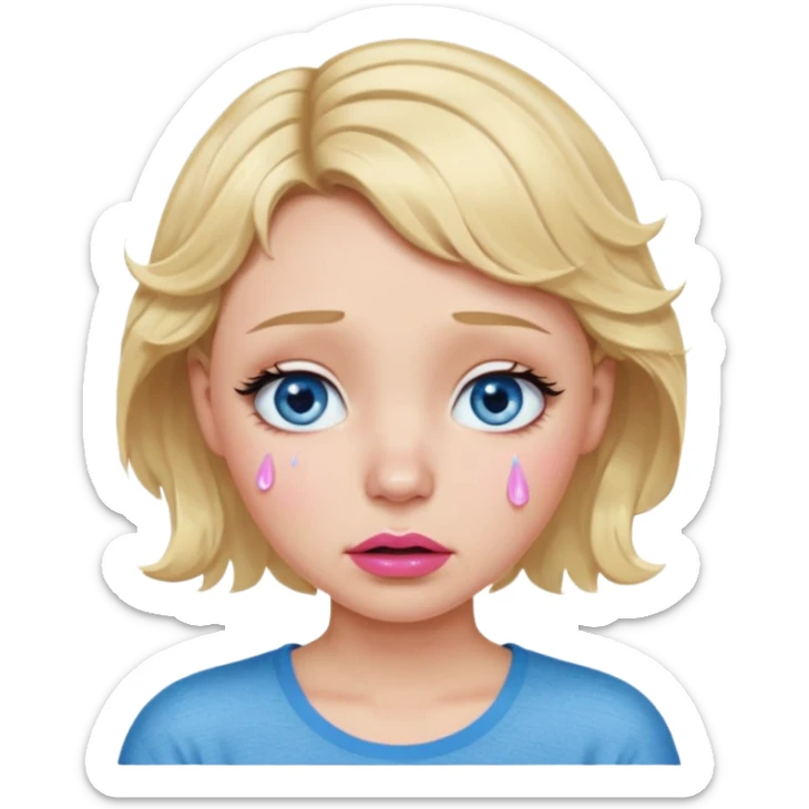 Girl Blonde short wavy hair,  blue eyes, cute blue top, long lashes, pink lips,crying with big tears running down the face  sticker