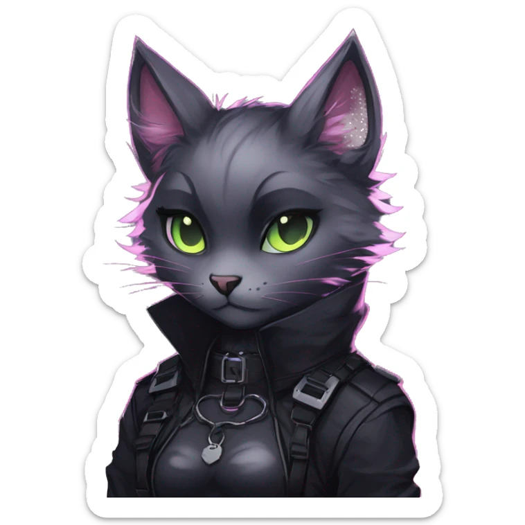 Gorgeous furry gothic dark techwear anime style anthro black cat furry sona with blushing face aesthetic and pretty edgy black with collar and harness trending style sticker