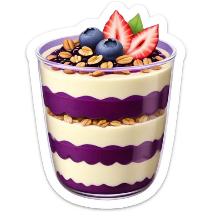 Açaí in a clear cup with layers of fruits and granola and condensed milk sticker
