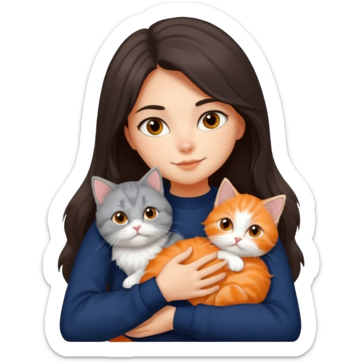 a girl with long dark brown hair, in a navy sweater, hugs a persian peaknose grey cat and persian peaknose orange and white kitten sticker