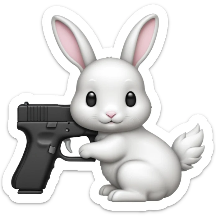 Crea un emoji de un conejo sosteniendo una glok realista de iPhone sosteniendo dos alas sticker