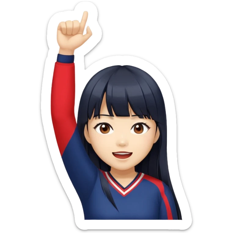 East Asian woman with long black straight hair and bangs wearing Doosan Bears team colors navy blue and red, cheering sticker