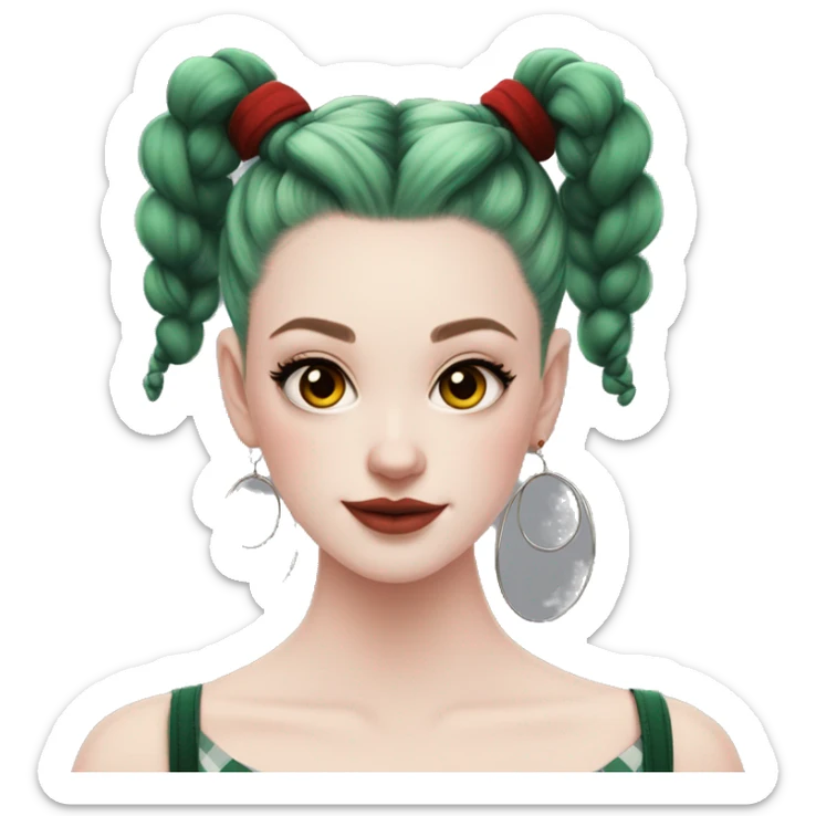  Pale skinned girl, dark green space buns hairstyle, wearing a red flannel, hoop earrings, thick wing eyeliner sticker