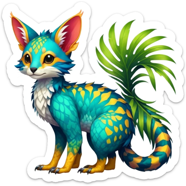 Feral Rare Fantasy vibrant colorful tropical Vernid-Trico-species by LiLaiRa, random markings, tufted tail, tufted ears, full body sticker