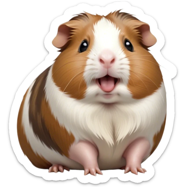 Cinematic Cute Yawning Brown and White Banded Guinea Pig Portrait Emoji, Head tilted slightly with a dramatic, wide-open yawn, revealing a soft, banded coat of brown and white with tiny, droopy ears, round dark eyes barely open in drowsy contentment, Simplified yet irresistibly adorable features, highly detailed, glowing with a soft, cozy glow, high shine, relaxed yet expressive, stylized with a touch of whimsy, bright and endearing, soft glowing outline, capturing the essence of a sleepy yet affectionate guinea pig, so drowsy it feels like it could stretch out of the screen and curl up for a nap! sticker