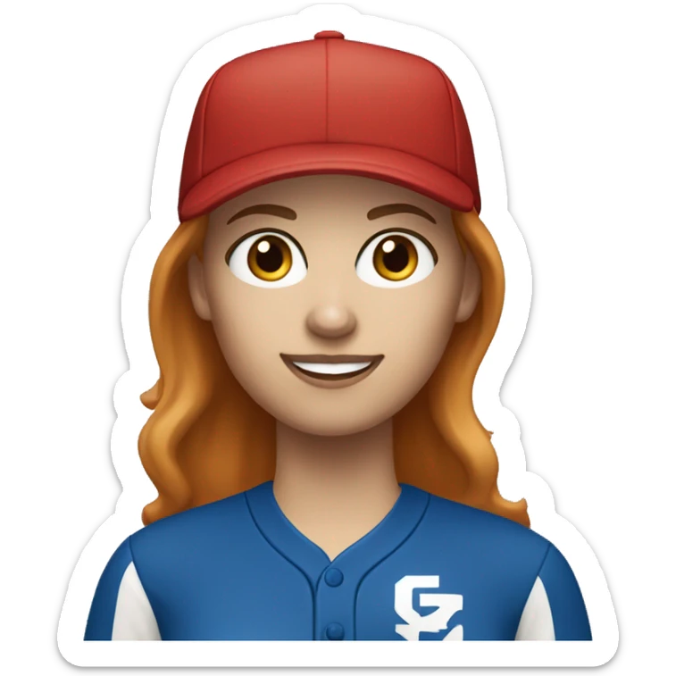 white female coach with red long hair in blue shirt and with a blue baseball hat sticker