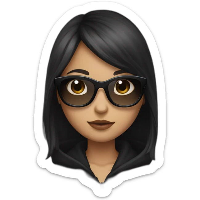 a girl with brown medium hair and with long bangs to eyes; she have a black cat in hands; she have a black square sunglasses; she's wearing a black hoodie sticker