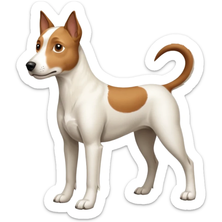 a full body large white parson russell looking dog the size of a kelpie with light brown flopped down ears and a light brown patch on one eye and a large snout sticker