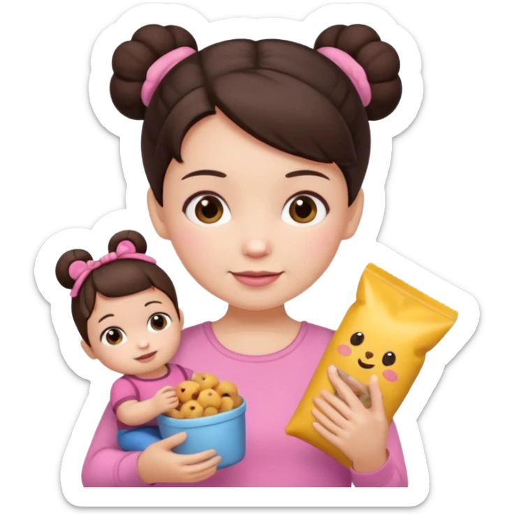Cute small Toddler emoji with two small buns dark brown hair, fair skin, in pink top, holding toddler snacks & doll sticker