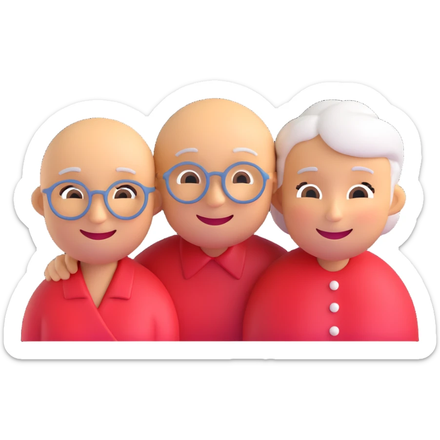 3D smiley emoji, round shape, grandmother and grandfather together with a heart-patterned background, red color, smiling face sticker