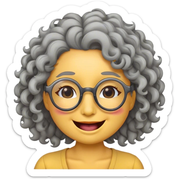 female yellow smiley face emoji, winking, glasses, no nose, grey curly hair sticker