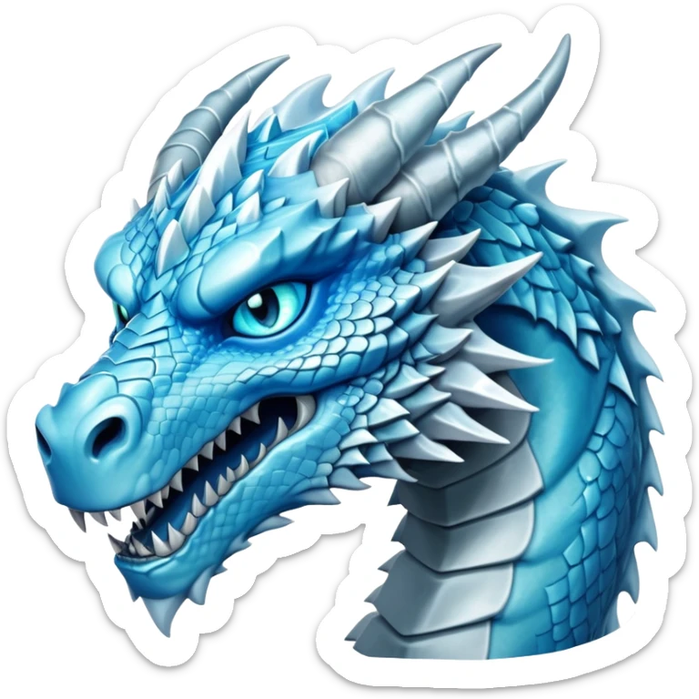 Cinematic Noble Fierce Ice Dragon Portrait Emoji, Poised and imposing, with a muscular, scaled body shimmering in glacial hues of icy blue, frostbitten silver, and crystalline white, and piercing, glowing eyes that radiate the chilling depths of an arctic storm; rendered in detail. sticker