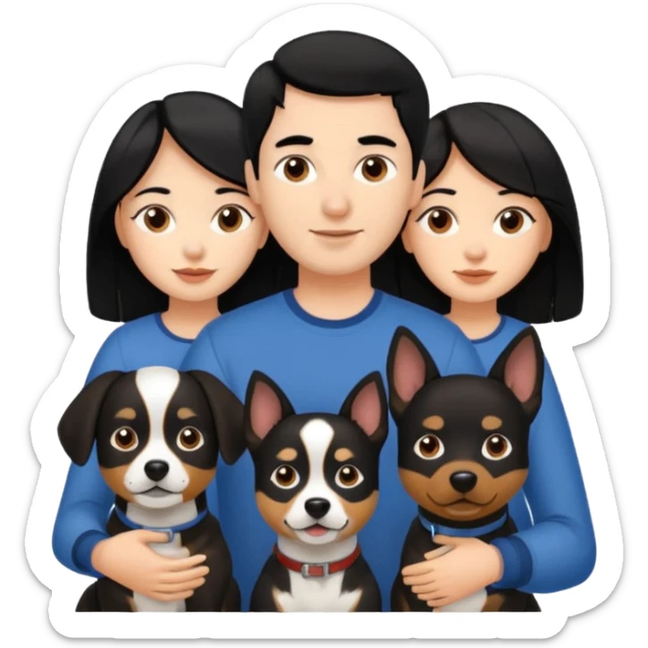 Una chica de pelo negro, con su pareja hombre y sus dos perritas una cafe y la otra negra sticker