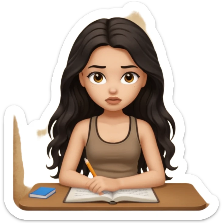 a pretty bratz light dusky girl with long wavy black hair in a brown tank top studying and lookinh tired sticker