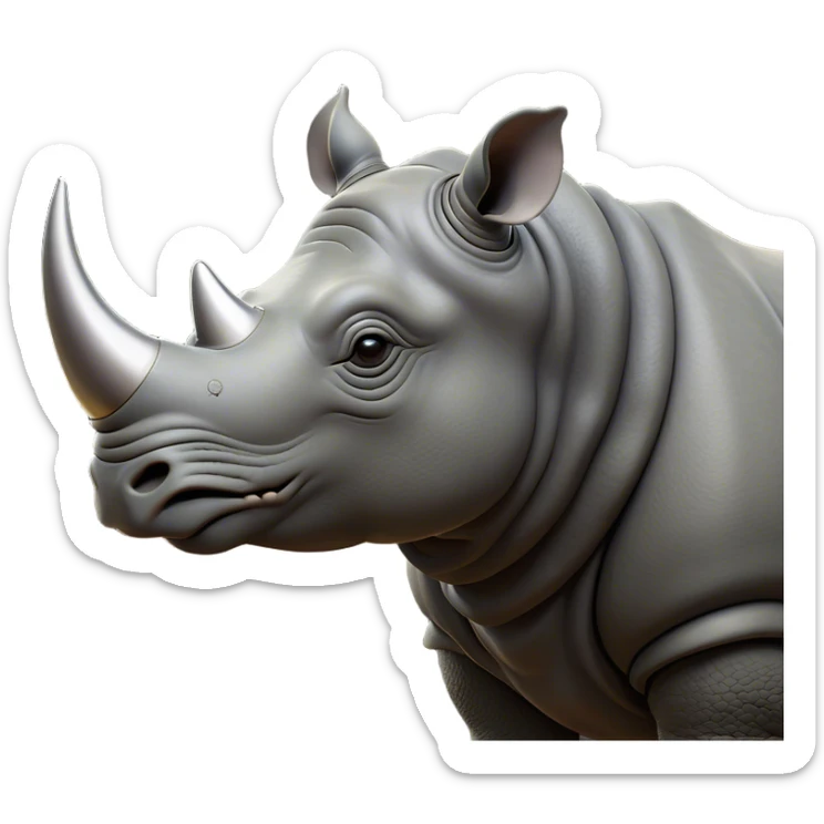 Cinematic Noble Rhinoceros Portrait Emoji, Poised and regal, with a massive, powerful build and a thick, armored hide of slate gray, deep-set soulful piercing eyes, Simplified yet sharp and sophisticated features, highly detailed, glowing with a soft, dignified glow, high shine, intelligent and formidable, stylized with an air of ancient might, focused and attentive, soft glowing outline, capturing the essence of a watchful and commanding behemoth, so majestic it feels as though it could charge out of the screen with effortless authority! sticker