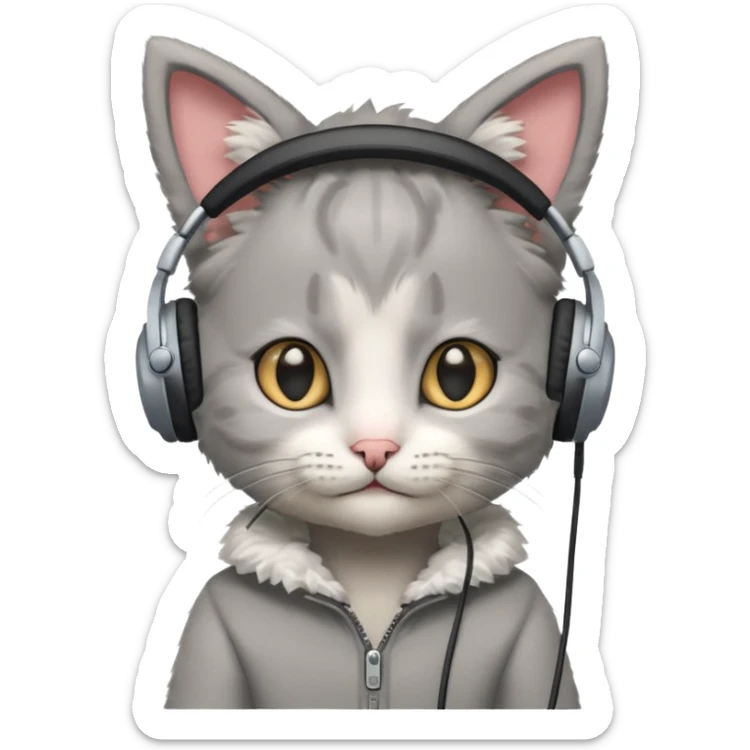 a small grey kitten sitting on a seat and wearing headphones and there is a sims logo over her head sticker