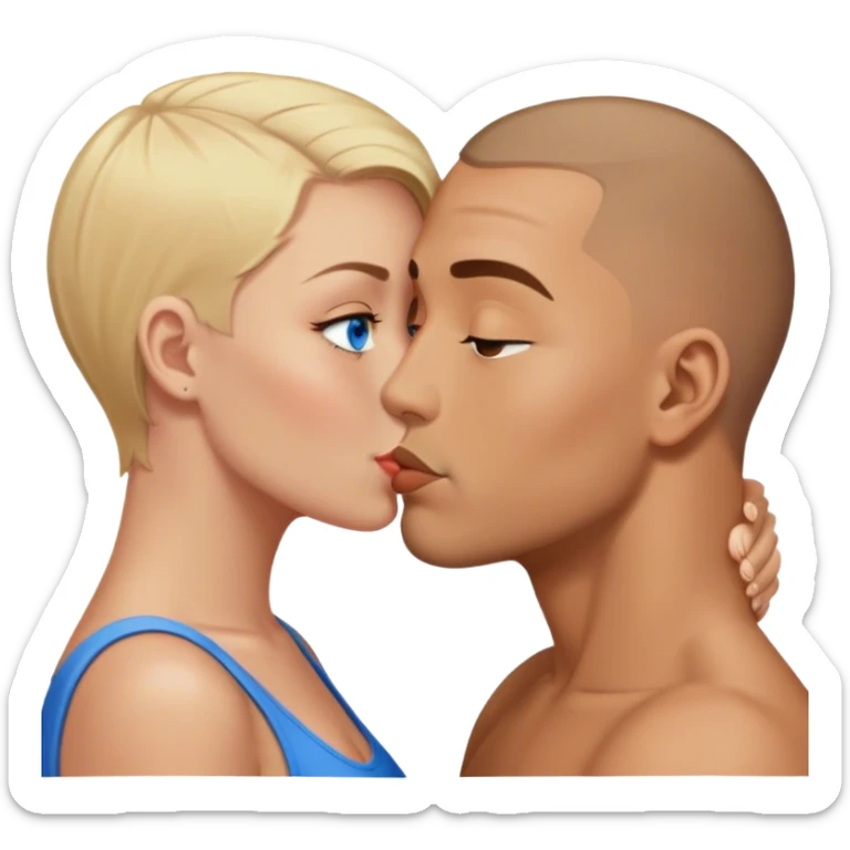 a tanned man with a brown buzz cut kissing a blonde woman with blue eyes  sticker