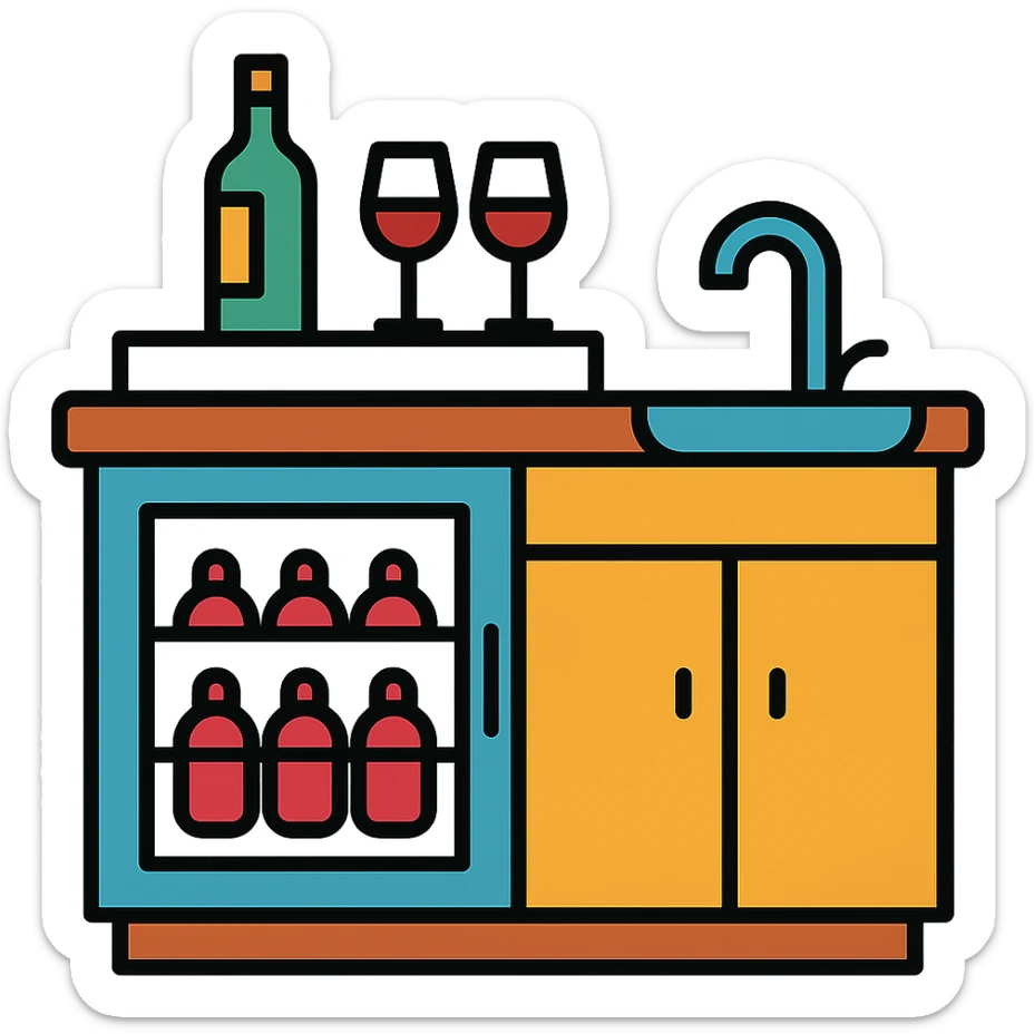 Wet bar with wine fridge and sink, modern look, wood cabinets, color outline icon style, transparent background sticker