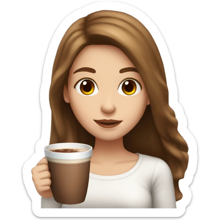 white girl with brown long hair and a hot chocolate sticker