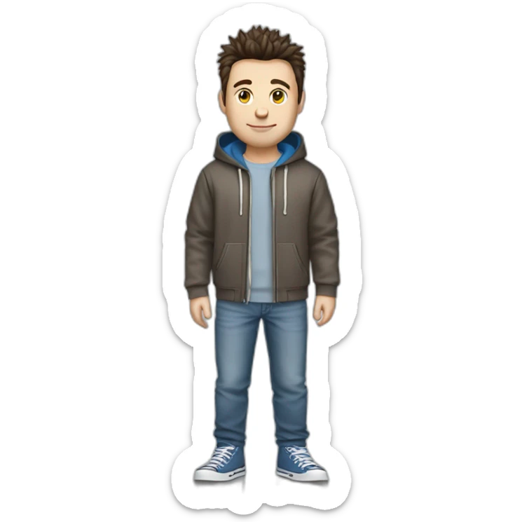 white male adult, Dark Brown Spikey Hair,, Blue Eyes, Grey Hoodie, Blue Jeans, Converse shoes sticker