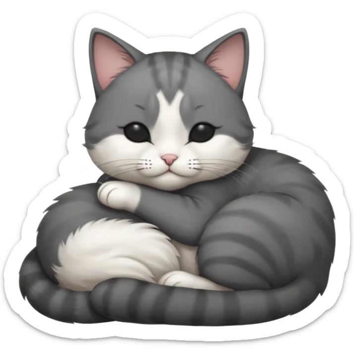 dark grey and white small cat with his eyes closed, leaning his head on his paw while leaning on his elbow lying down sticker