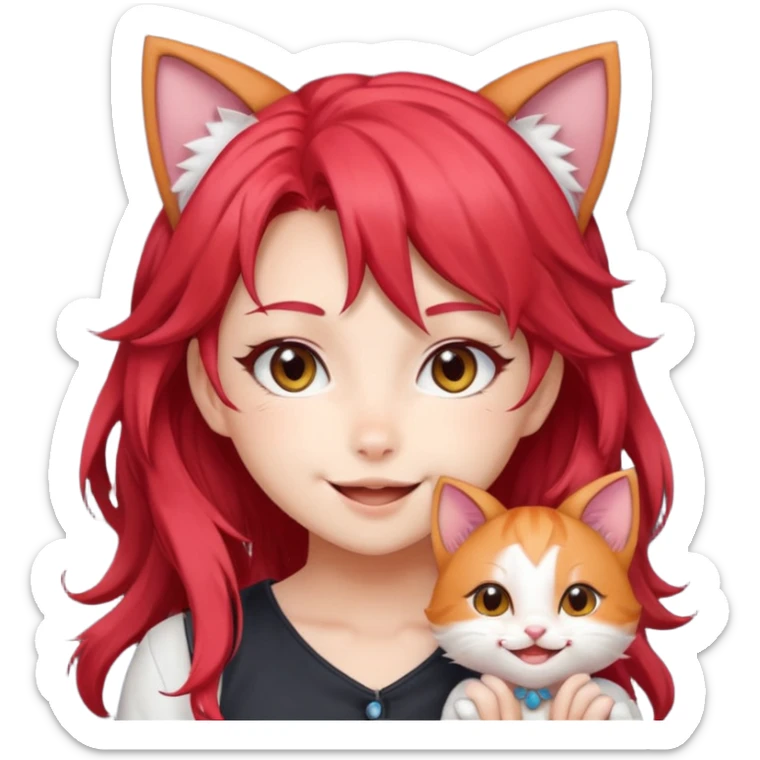 very cute anime cat-girl with cat ears, red blowing hair sticker