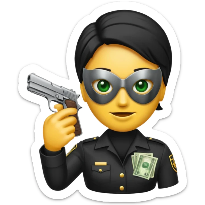 Un emoji con una mascara negra con una pistola pequeña en la mano y que en la otra mano tenga una paca de billetes sticker