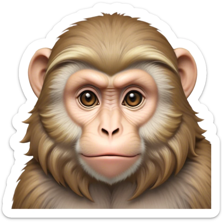 Cinematic Noble Macaque Portrait Emoji, Poised and regal, with a smart, agile build and expressive, deep-set eyes, adorned with soft, detailed fur and a dignified expression, Simplified yet sharp and sophisticated features, highly detailed, glowing with a soft, natural radiance, high shine, intelligent and commanding, stylized with an air of primate nobility, focused and alert, soft glowing outline, capturing the essence of a watchful and confident guardian that appears ready to leap out of the screen with effortless authority! sticker
