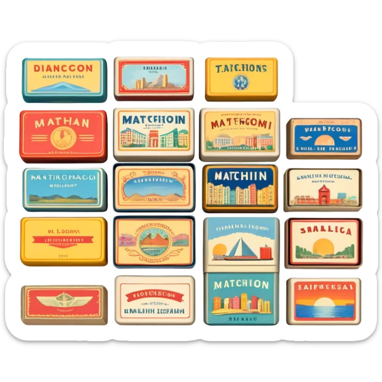 Icon for Matchbox Collecting: a collection of vintage and colorful matchboxes from different places, neatly displayed in a row or in a display case. The icon should reflect the uniqueness and diversity of matchbox collecting. Transparent background. sticker