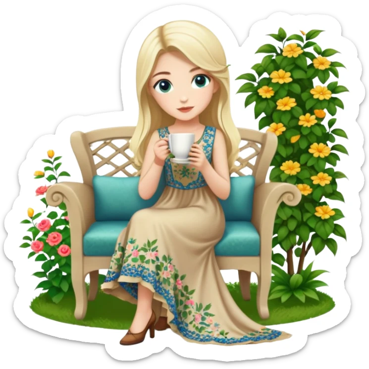 Turkish Konya blonde girl beautiful finish blue eyes with Beautiful beige green floral long tail dress and she sit in a lovely garden on the chair on the ground and holds cup coffe with her hand  sticker