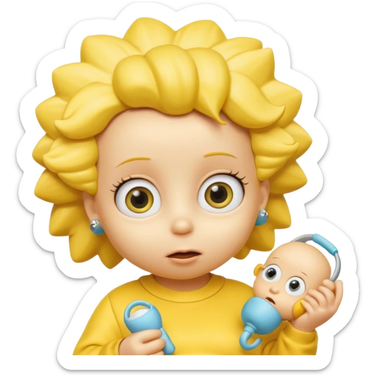 A 3D cartoon baby character yellow, yellow skin, styled like Maggie Simpson, with pacifier, yellow onesie, big eyes, smooth shading, Memoji-style rendering, consistent with other yellow Simpsons characters. sticker