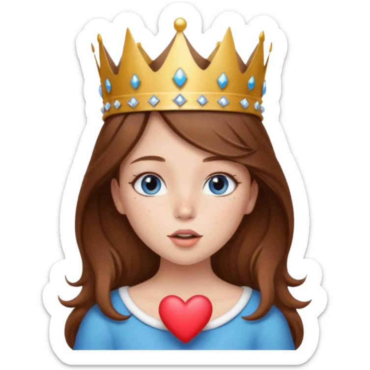 a girl with brown hair, blue eyes and freckles, who wears a crown and is blowing a heart kiss  sticker