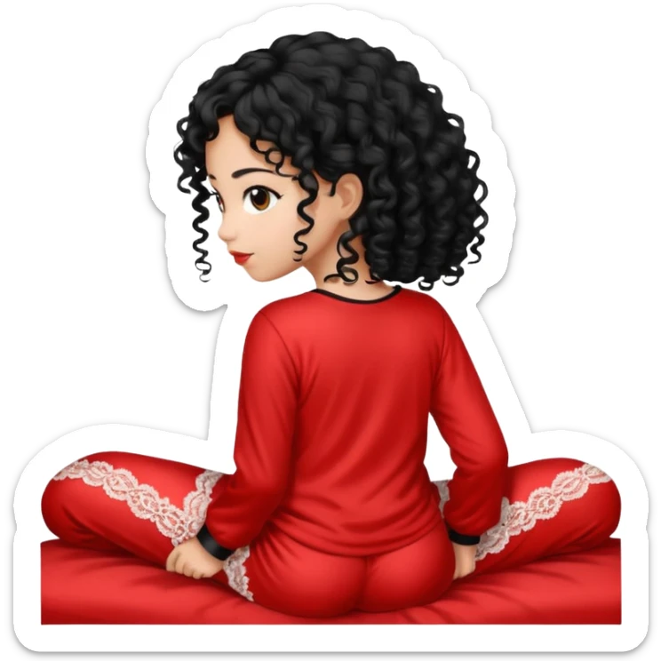Girl from behind, wearing a red pajama with black and white lace, with curly black hair sticker