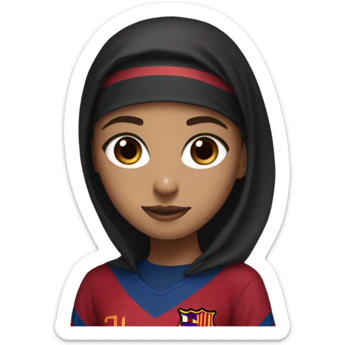 A girl with a shayla (hijab), brown eyes, wearing a Barcelona football jersey, the black one with blue and red details and the symbol in the middle.  sticker