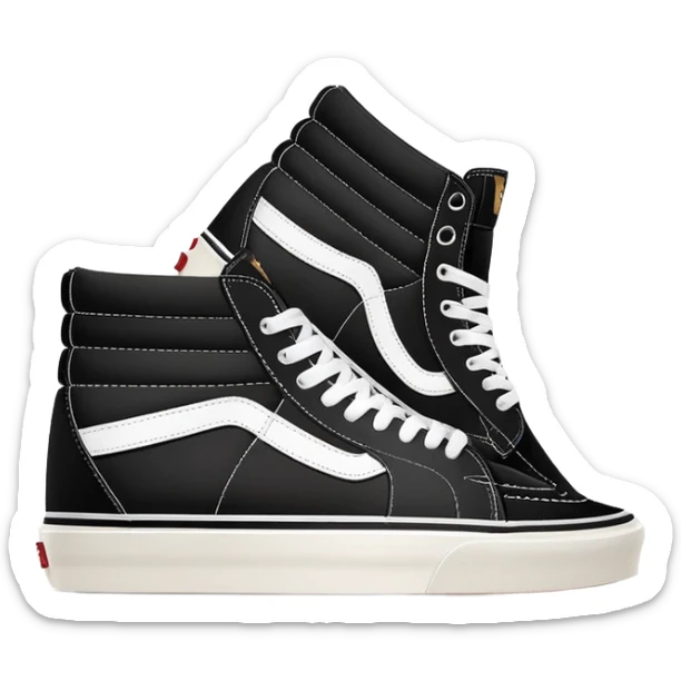 Minimalist iOS-style emoji of a pair of black Vans Sk8-Hi sneakers, one behind the other, simplified flat design, clean lines, minimal details but with white side stripe sticker