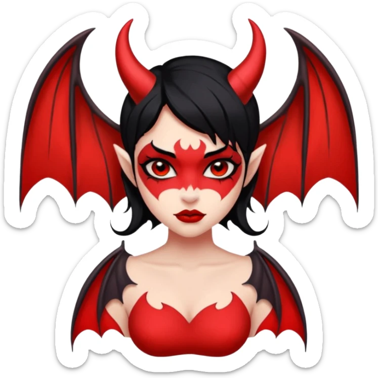 Demon girl: red skin, black hair, small horns, bat wing; tattoo-flash comic style; red/black palette; bold outlines; dark background; no text. sticker