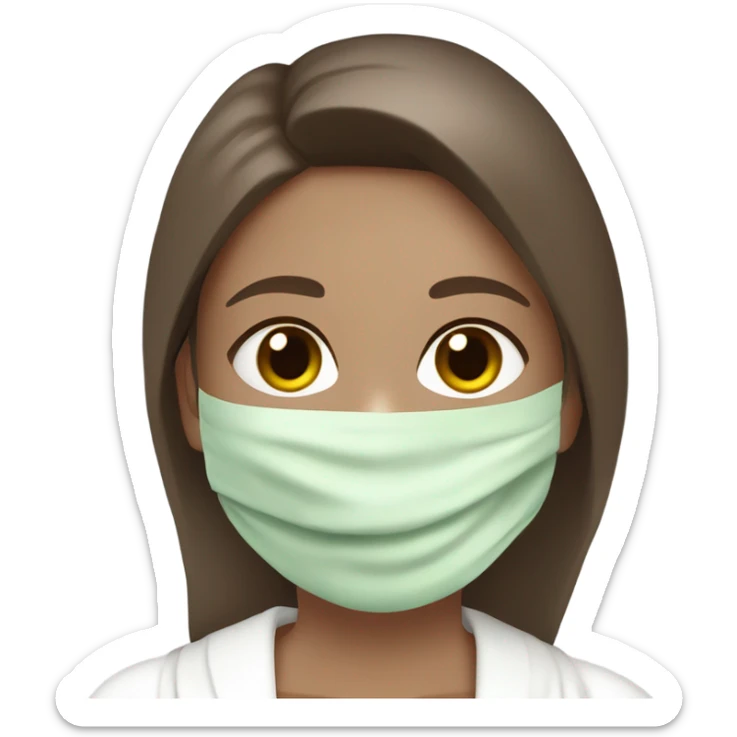 White girl with Brown hair and blue eyes wears a Green colored skincare clay textured mask and puts on cucumbers around her eyes while She relaxes in her white Robe sticker