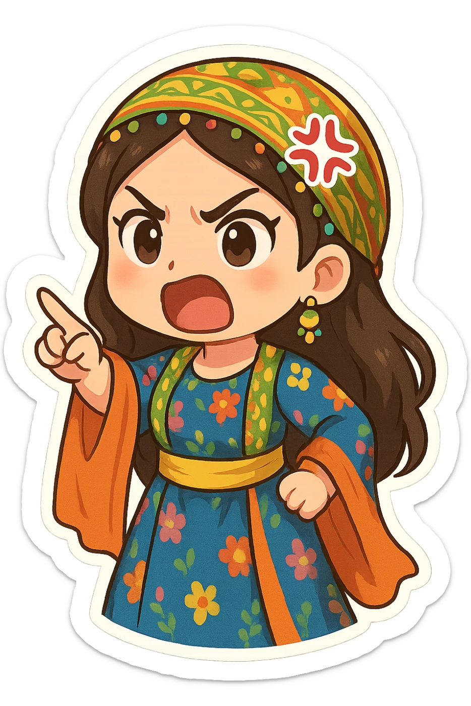 Cartoon sticker of a Kurdish woman wearing traditional colorful and cheerful Kurdish female clothing, face showing anger and rage, one hand raised with index finger pointing as a sign of threat or warning, no shadow or color halo around the image, no text, suitable for WhatsApp and Instagram, with a completely transparent background. sticker