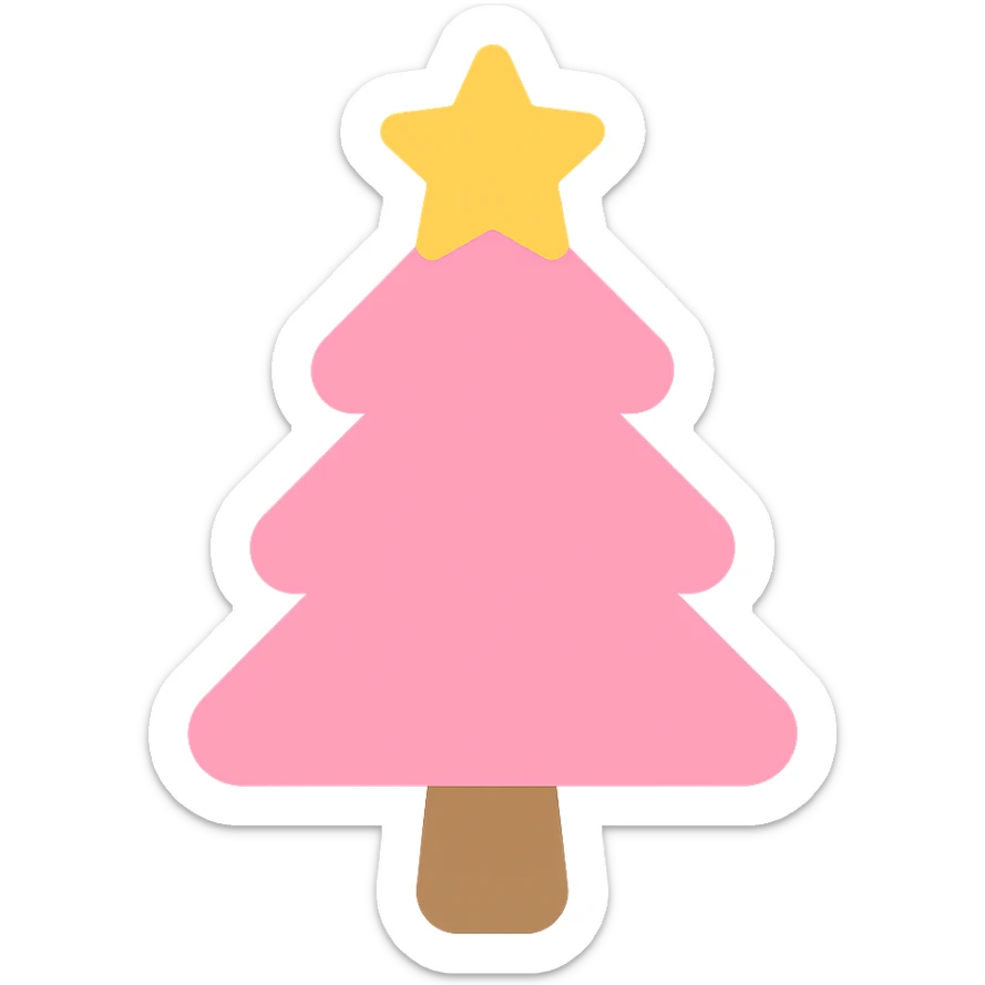 Add a yellow star on top of the pink Christmas tree, rounded and cute icon style, no background. sticker