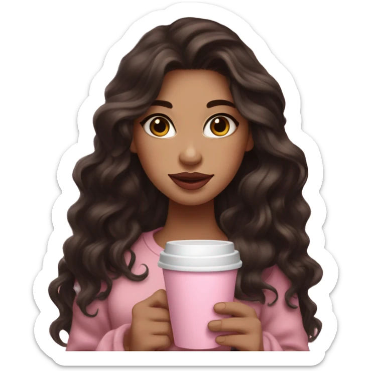 White skin , super dark brown wavy long hair , pink lips , pink cheeks, holding coffee, cozy sticker