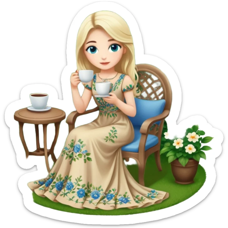 Turkish Konya blonde girl beautiful finish blue eyes with Beautiful beige green floral long tail dress and she sit in a lovely garden on the chair on the ground and holds cup coffe with her hand  sticker